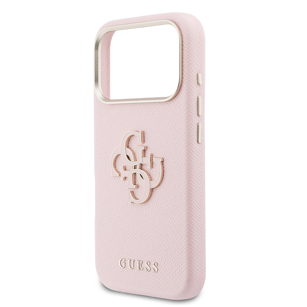 Apple iPhone 17 Pro Kılıf Guess 4G Büyük Metal Kamera Çerçeveli PU Deri Resin Kapak Pembe