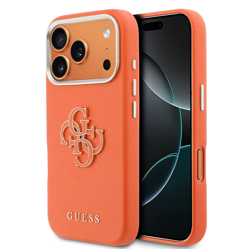Apple iPhone 17 Pro Kılıf Guess 4G Büyük Metal Kamera Çerçeveli PU Deri Resin Kapak Turuncu