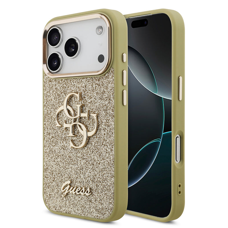 Apple iPhone 17 Pro Kılıf Guess 4G Büyük Metal Logolu Glitter Kapak Gold