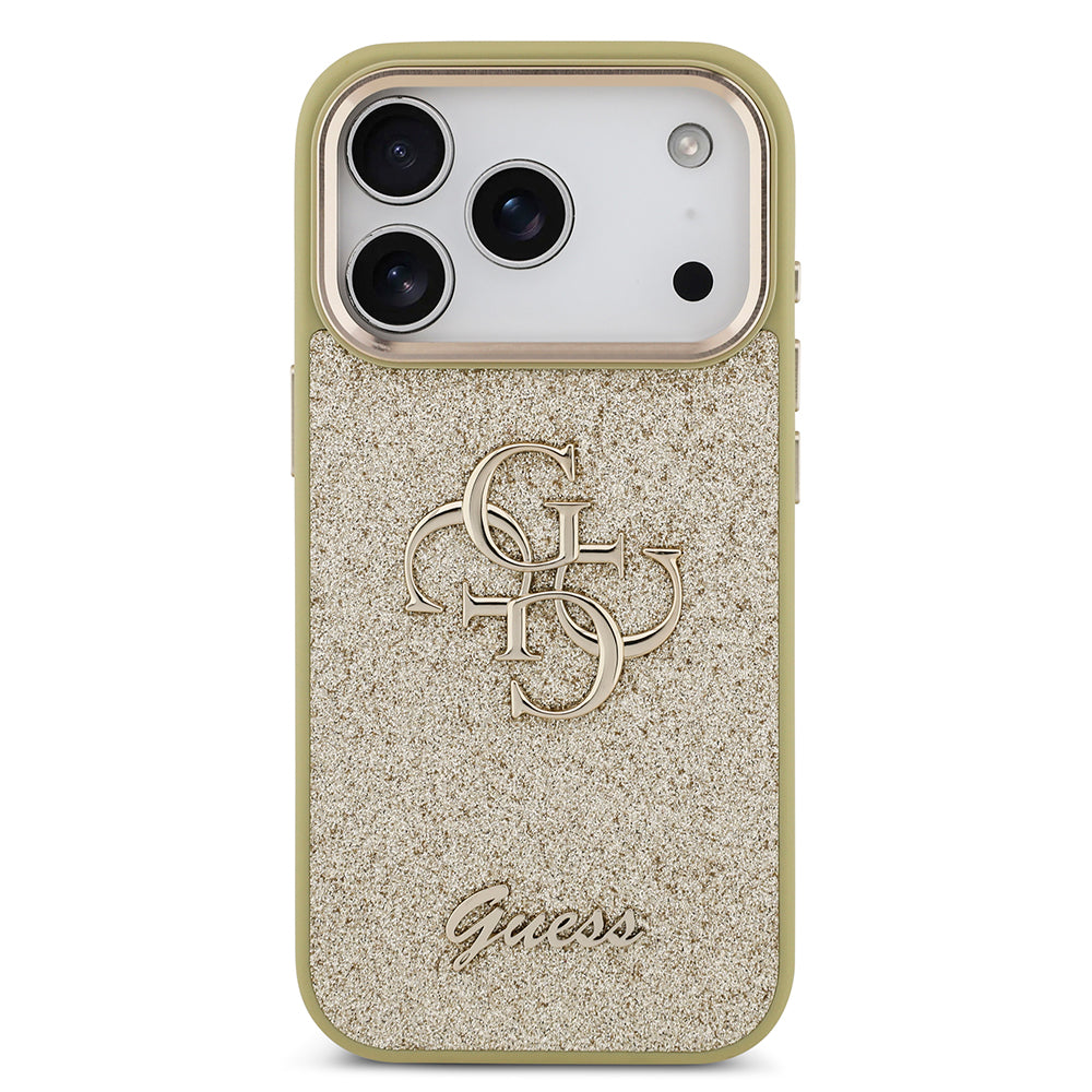 Apple iPhone 17 Pro Kılıf Guess 4G Büyük Metal Logolu Glitter Kapak Gold