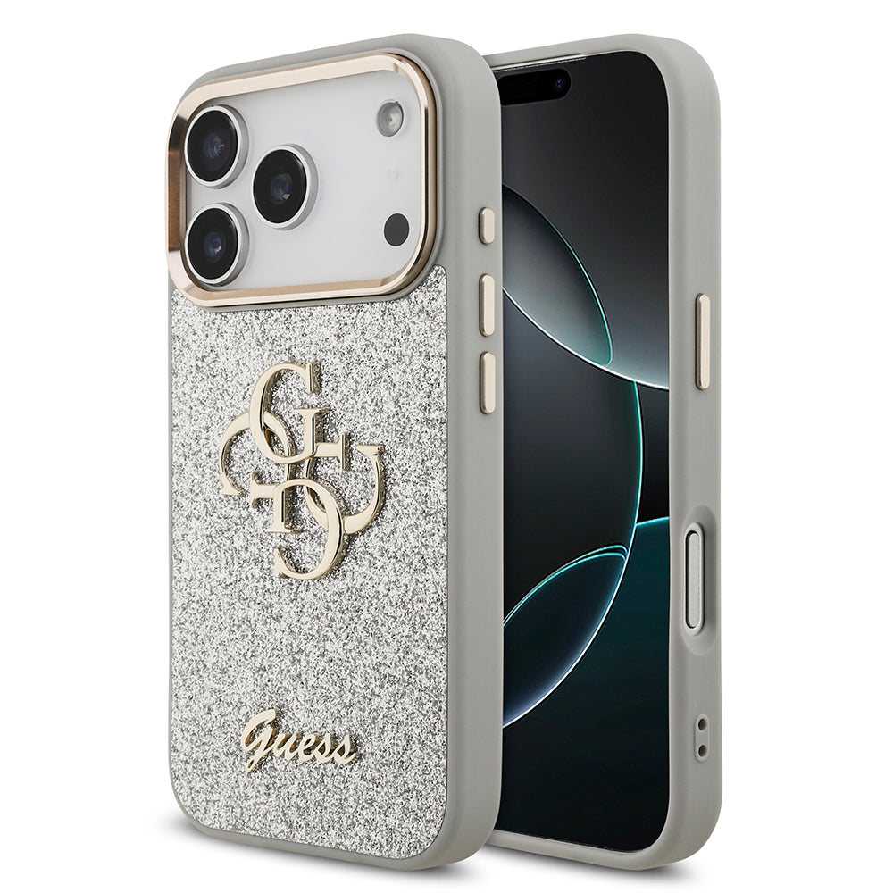 Apple iPhone 17 Pro Kılıf Guess 4G Büyük Metal Logolu Glitter Kapak Gümüş