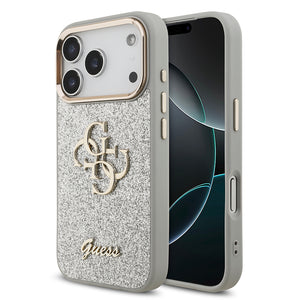 Apple iPhone 17 Pro Kılıf Guess 4G Büyük Metal Logolu Glitter Kapak Gümüş
