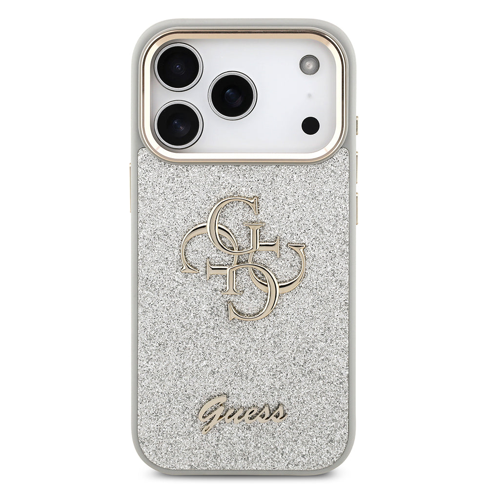 Apple iPhone 17 Pro Kılıf Guess 4G Büyük Metal Logolu Glitter Kapak Gümüş