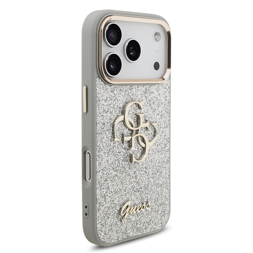 Apple iPhone 17 Pro Kılıf Guess 4G Büyük Metal Logolu Glitter Kapak Gümüş