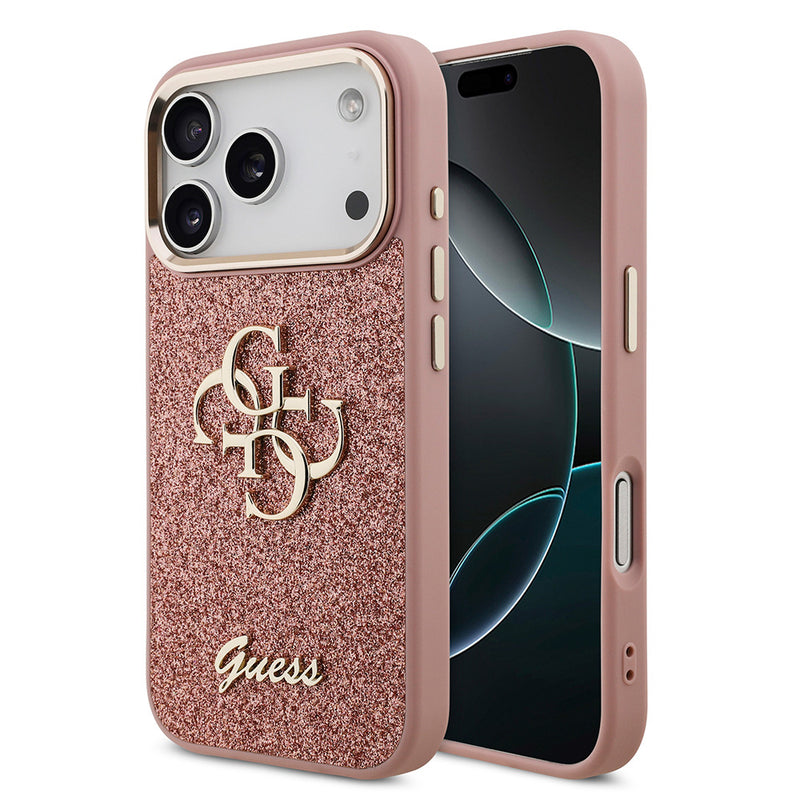 Apple iPhone 17 Pro Kılıf Guess 4G Büyük Metal Logolu Glitter Kapak Pembe