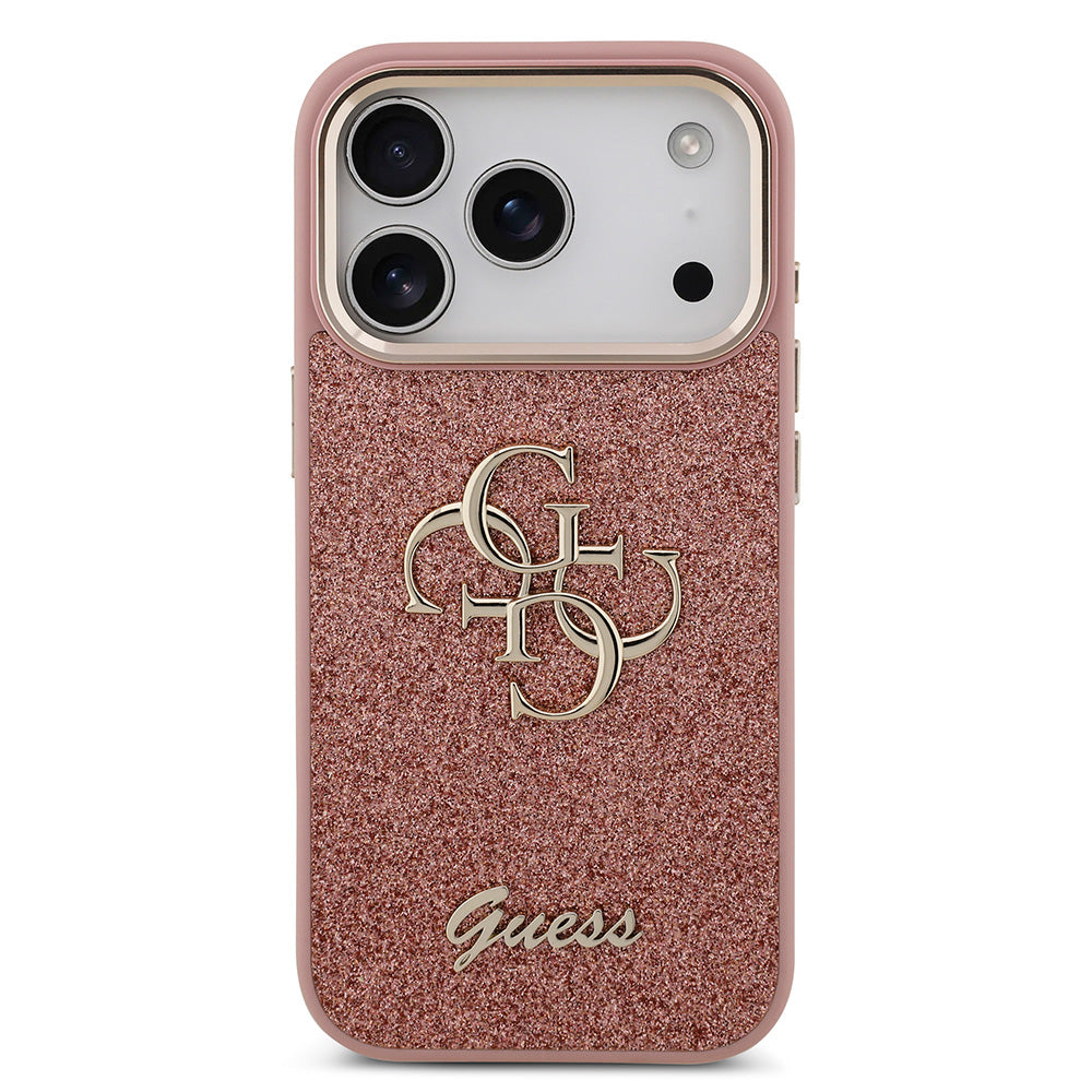 Apple iPhone 17 Pro Kılıf Guess 4G Büyük Metal Logolu Glitter Kapak Pembe