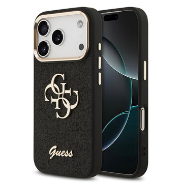 Apple iPhone 17 Pro Kılıf Guess 4G Büyük Metal Logolu Glitter Kapak Siyah