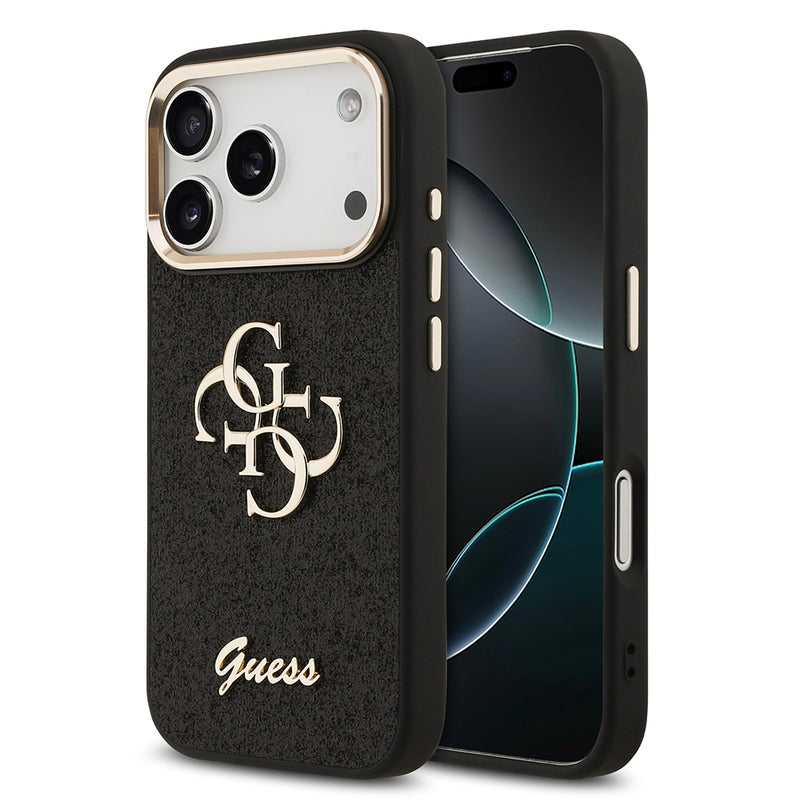 Apple iPhone 17 Pro Kılıf Guess 4G Büyük Metal Logolu Glitter Kapak Siyah