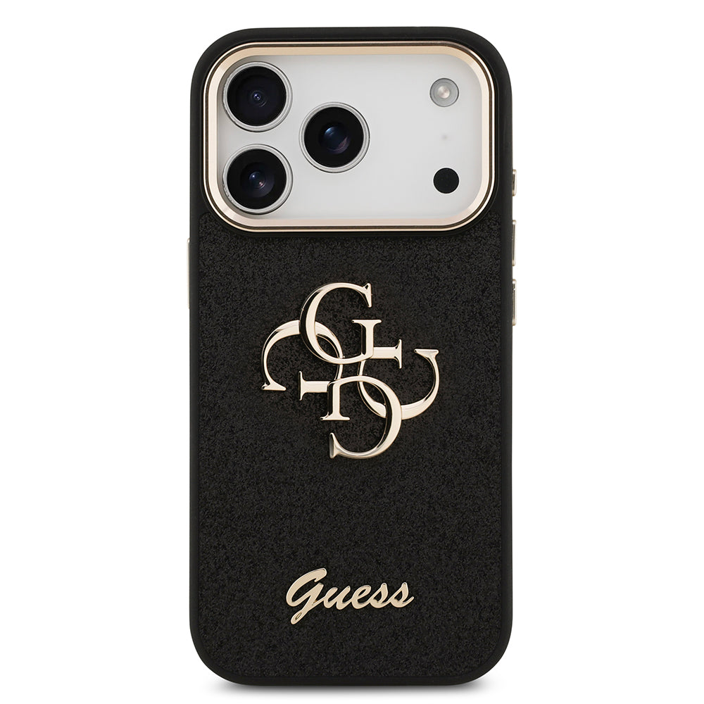 Apple iPhone 17 Pro Kılıf Guess 4G Büyük Metal Logolu Glitter Kapak Siyah
