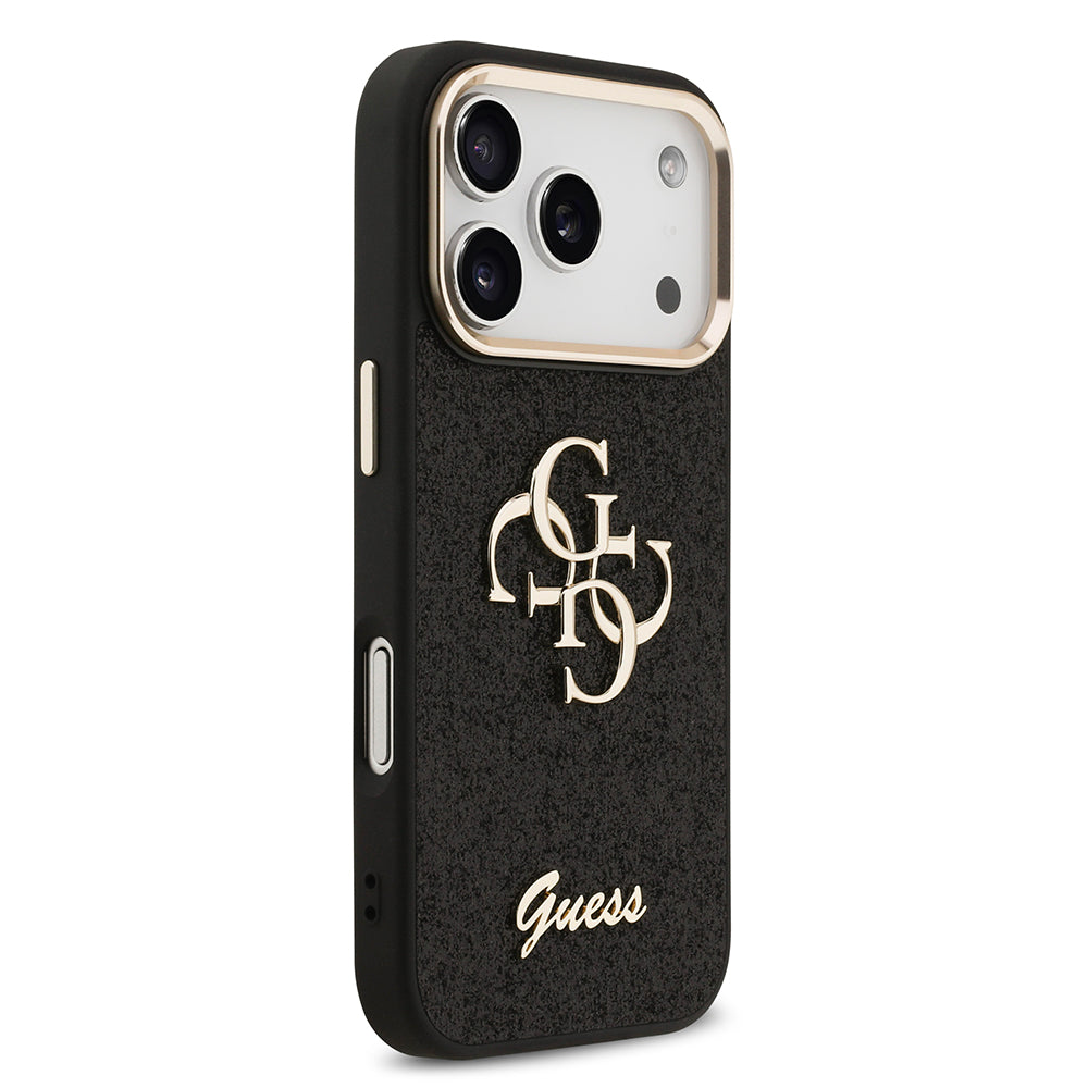 Apple iPhone 17 Pro Kılıf Guess 4G Büyük Metal Logolu Glitter Kapak Siyah