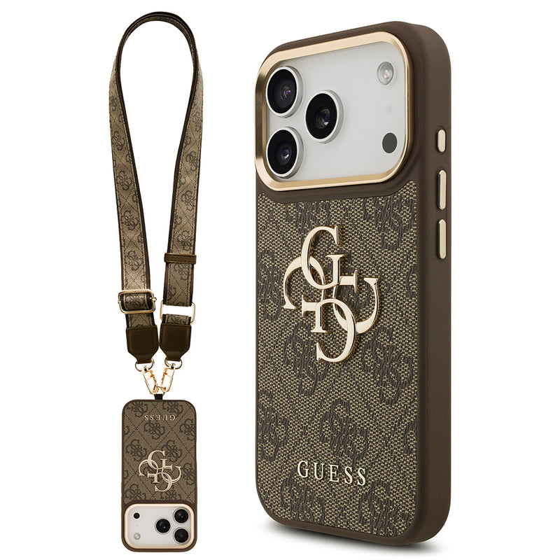 Apple iPhone 17 Pro Kılıf Guess 4G Büyük Metal Logolu Kalın Askılı Kapak Kahverengi