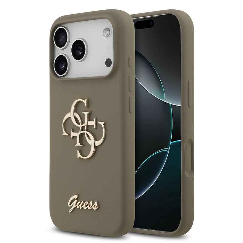 Apple iPhone 17 Pro Kılıf Guess 4G Metal Grained Yazı Logolu TPU Kapak Kahverengi