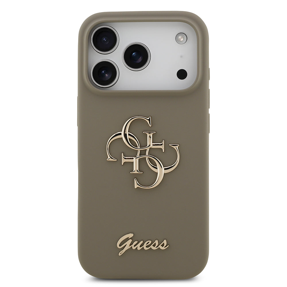 Apple iPhone 17 Pro Kılıf Guess 4G Metal Grained Yazı Logolu TPU Kapak Kahverengi