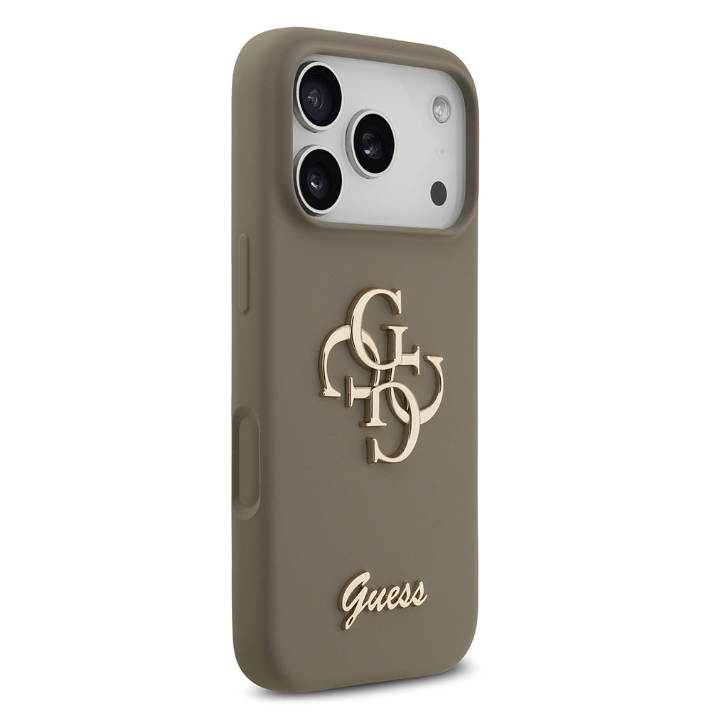 Apple iPhone 17 Pro Kılıf Guess 4G Metal Grained Yazı Logolu TPU Kapak Kahverengi