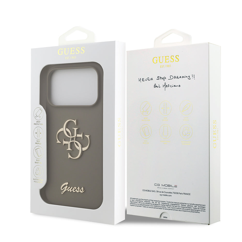 Apple iPhone 17 Pro Kılıf Guess 4G Metal Grained Yazı Logolu TPU Kapak Kahverengi