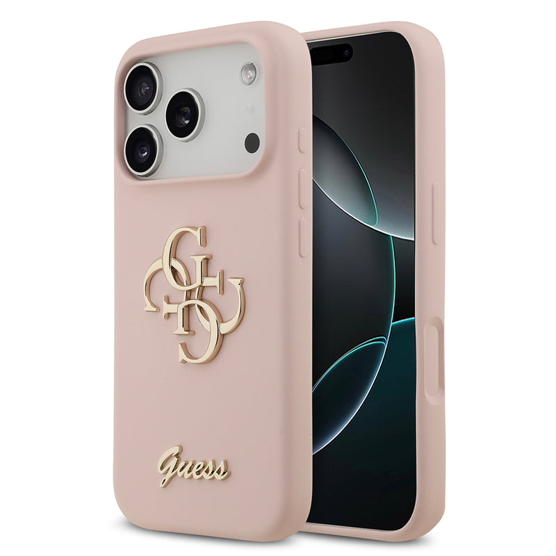 Apple iPhone 17 Pro Kılıf Guess 4G Metal Grained Yazı Logolu TPU Kapak Pembe