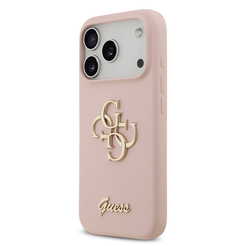 Apple iPhone 17 Pro Kılıf Guess 4G Metal Grained Yazı Logolu TPU Kapak Pembe