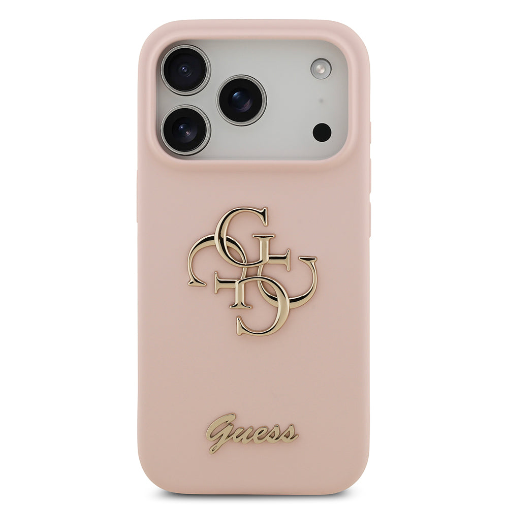 Apple iPhone 17 Pro Kılıf Guess 4G Metal Grained Yazı Logolu TPU Kapak Pembe