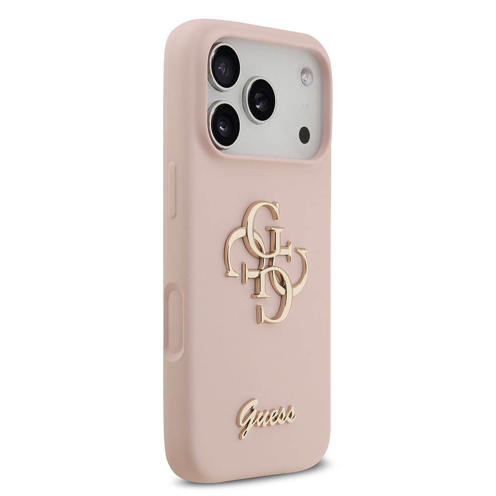 Apple iPhone 17 Pro Kılıf Guess 4G Metal Grained Yazı Logolu TPU Kapak Pembe