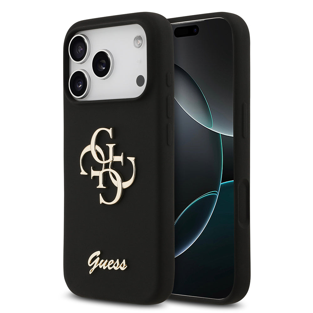 Apple iPhone 17 Pro Kılıf Guess 4G Metal Grained Yazı Logolu TPU Kapak Siyah