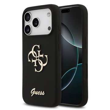 Apple iPhone 17 Pro Kılıf Guess 4G Metal Grained Yazı Logolu TPU Kapak Siyah