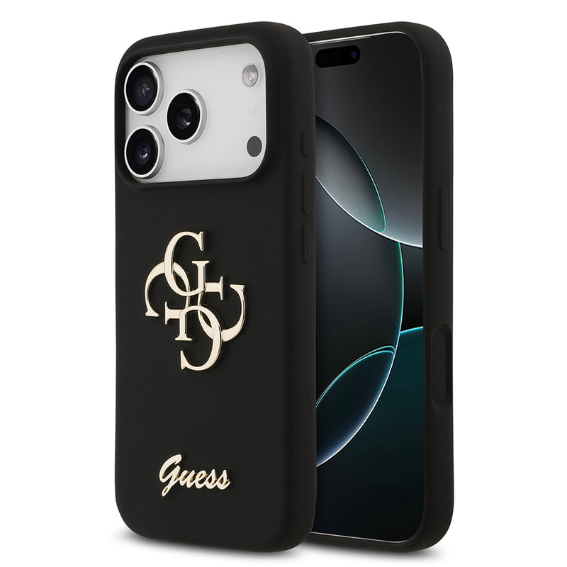 Apple iPhone 17 Pro Kılıf Guess 4G Metal Grained Yazı Logolu TPU Kapak Siyah