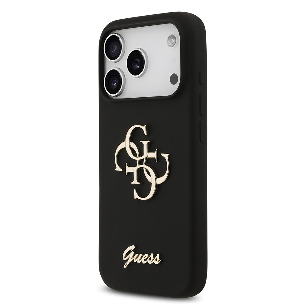 Apple iPhone 17 Pro Kılıf Guess 4G Metal Grained Yazı Logolu TPU Kapak Siyah