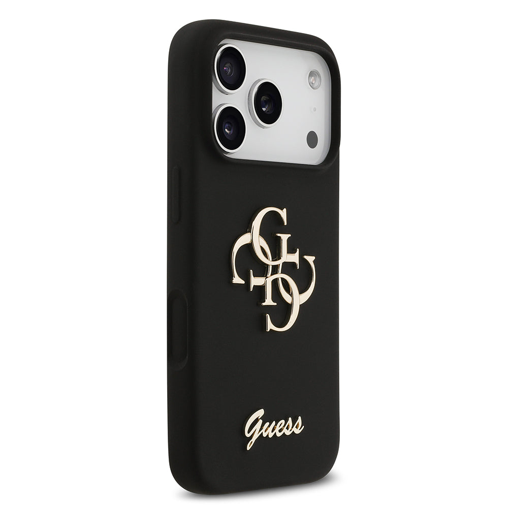 Apple iPhone 17 Pro Kılıf Guess 4G Metal Grained Yazı Logolu TPU Kapak Siyah