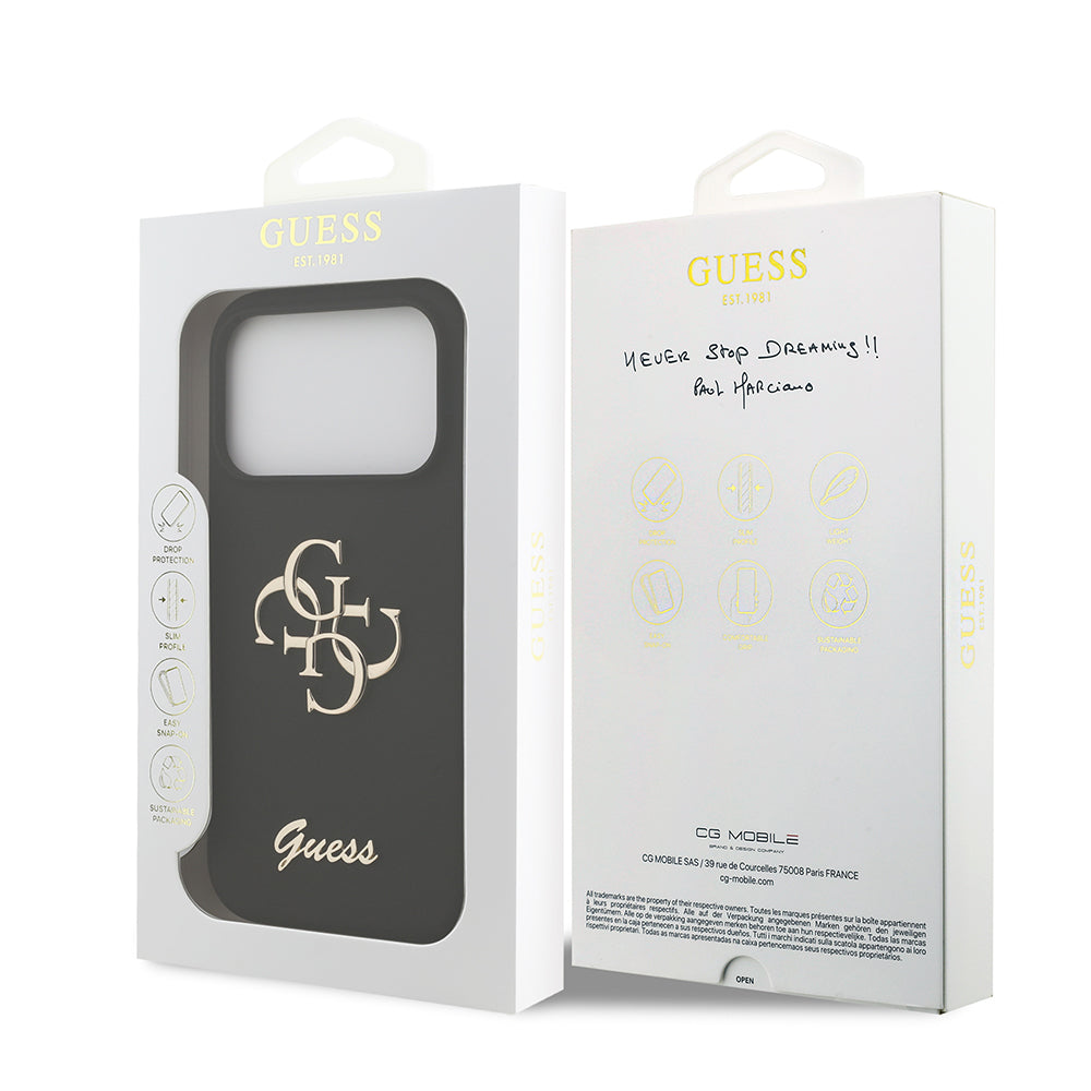 Apple iPhone 17 Pro Kılıf Guess 4G Metal Grained Yazı Logolu TPU Kapak Siyah
