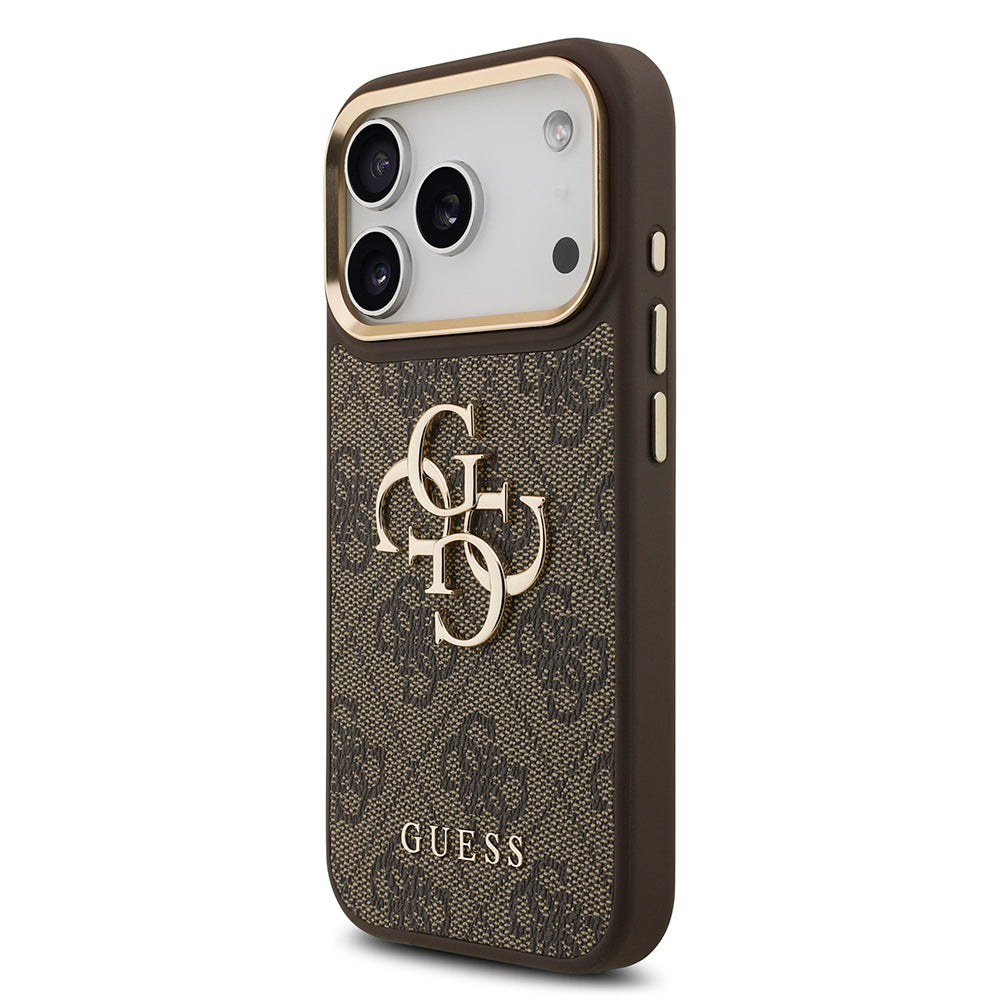 Apple iPhone 17 Pro Kılıf Guess Gold Metal Kamera Çerçeveli Büyük 4G ve Yazı Logolu Kapak Kahverengi