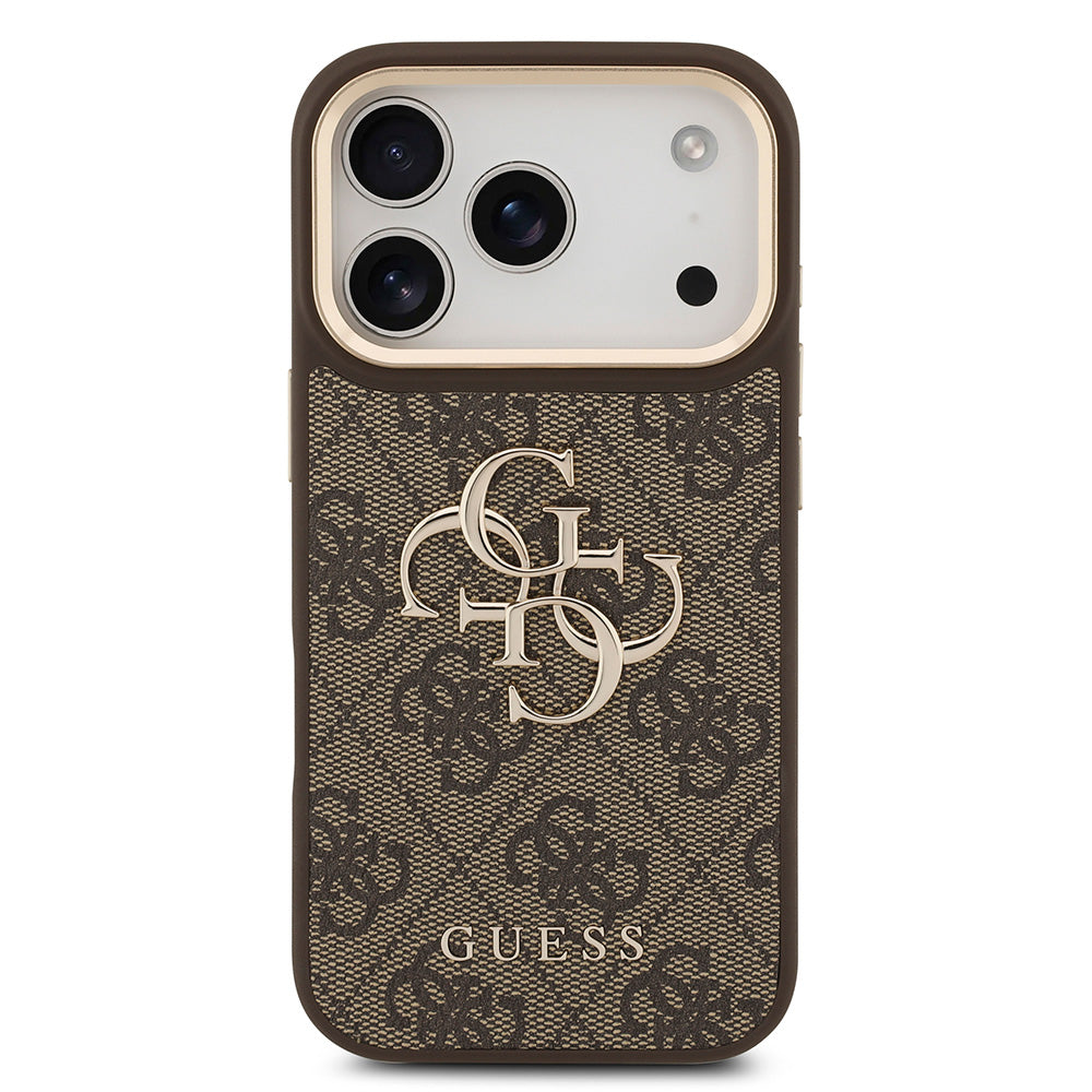 Apple iPhone 17 Pro Kılıf Guess Gold Metal Kamera Çerçeveli Büyük 4G ve Yazı Logolu Kapak Kahverengi