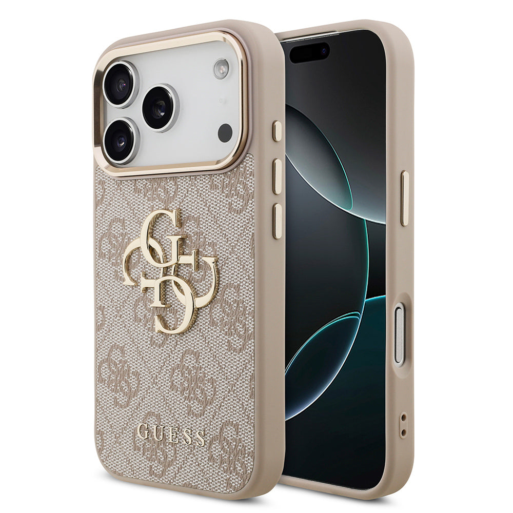 Apple iPhone 17 Pro Kılıf Guess Gold Metal Kamera Çerçeveli Büyük 4G ve Yazı Logolu Kapak Pembe