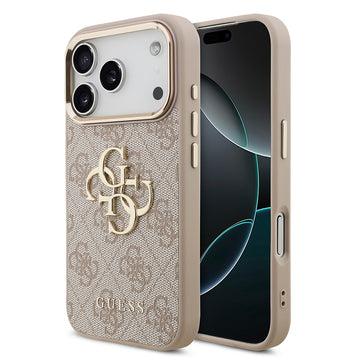 Apple iPhone 17 Pro Kılıf Guess Gold Metal Kamera Çerçeveli Büyük 4G ve Yazı Logolu Kapak Pembe