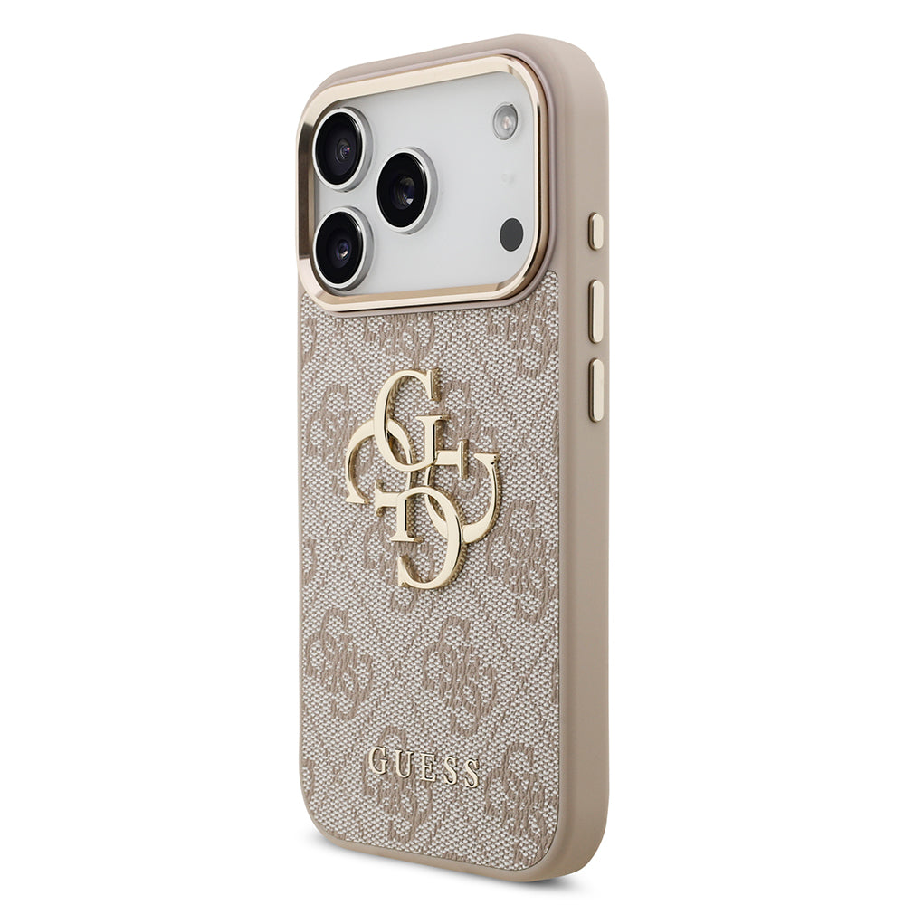 Apple iPhone 17 Pro Kılıf Guess Gold Metal Kamera Çerçeveli Büyük 4G ve Yazı Logolu Kapak Pembe