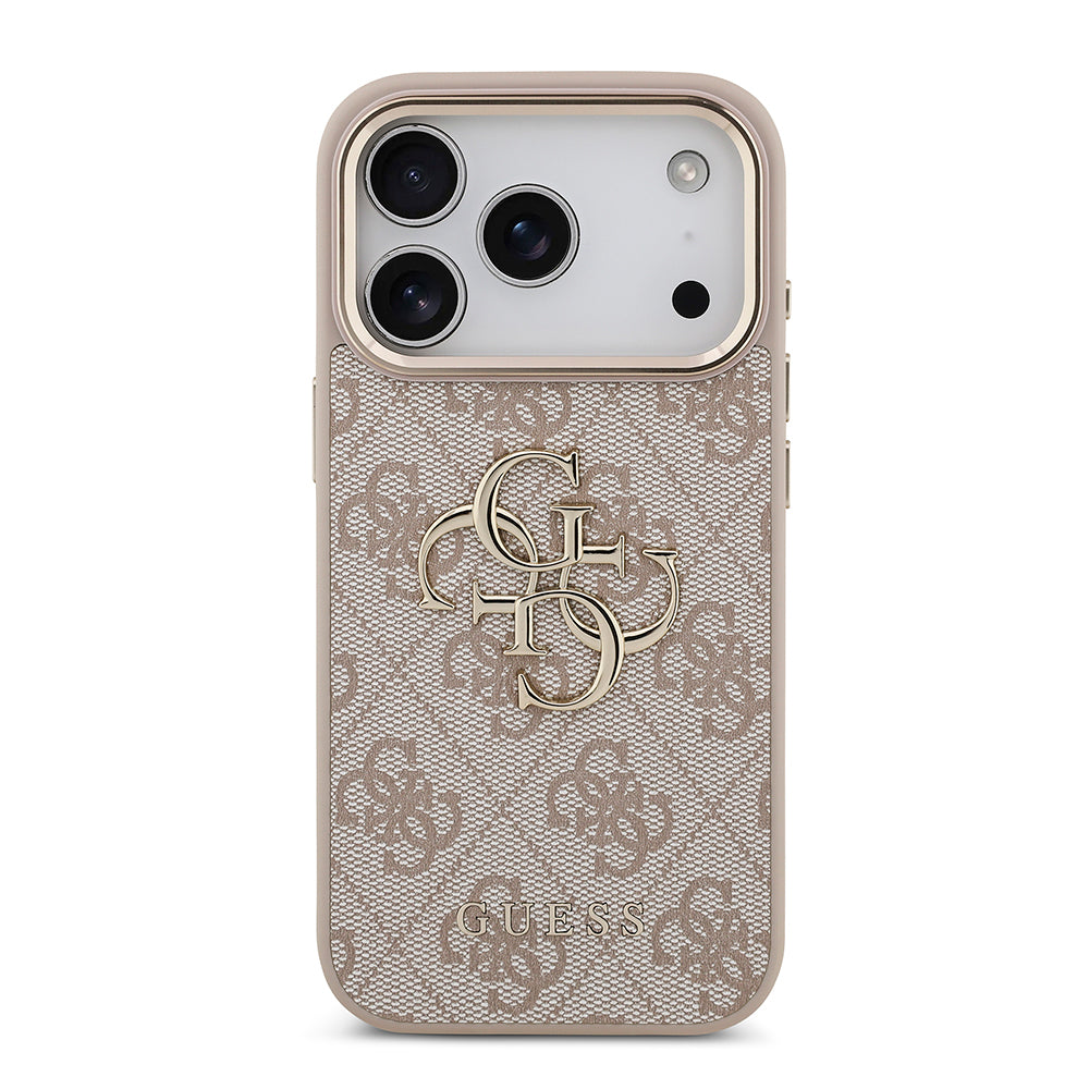 Apple iPhone 17 Pro Kılıf Guess Gold Metal Kamera Çerçeveli Büyük 4G ve Yazı Logolu Kapak Pembe