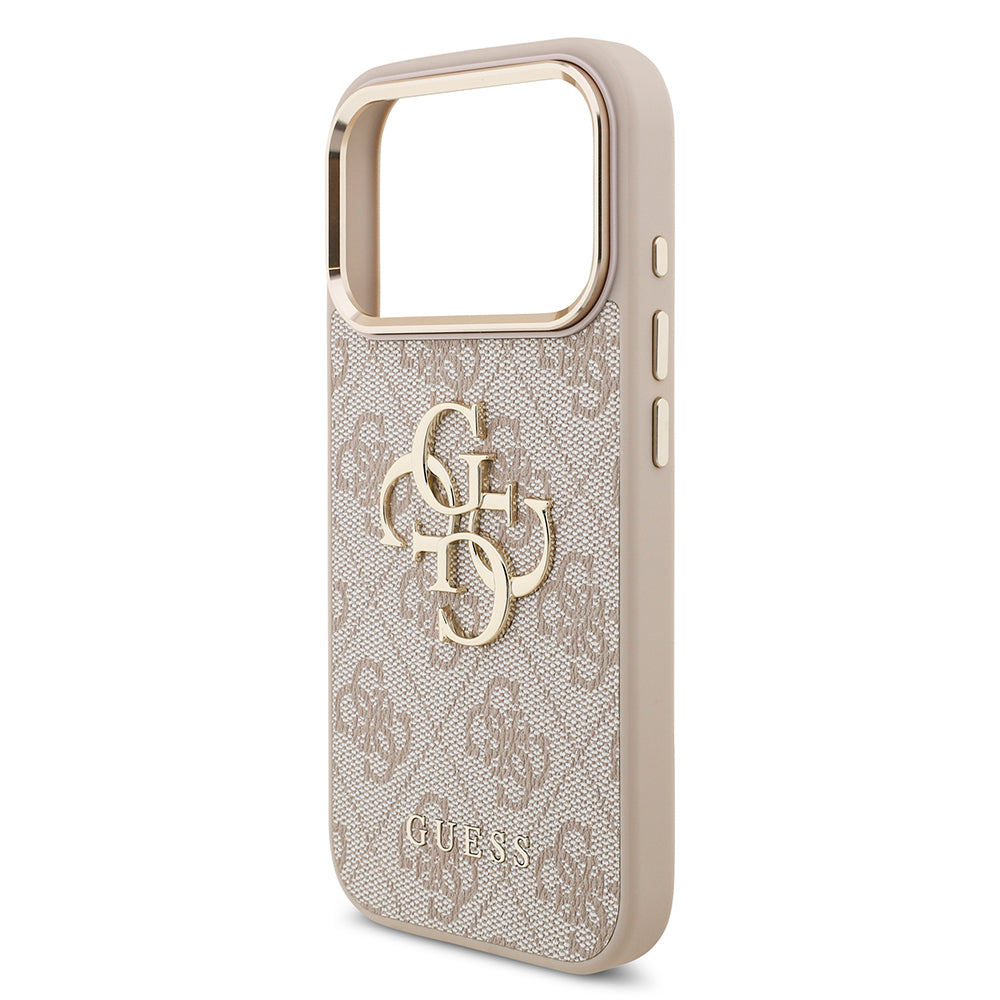 Apple iPhone 17 Pro Kılıf Guess Gold Metal Kamera Çerçeveli Büyük 4G ve Yazı Logolu Kapak Pembe