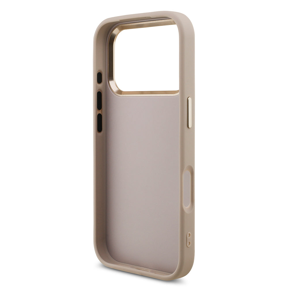 Apple iPhone 17 Pro Kılıf Guess Gold Metal Kamera Çerçeveli Büyük 4G ve Yazı Logolu Kapak Pembe