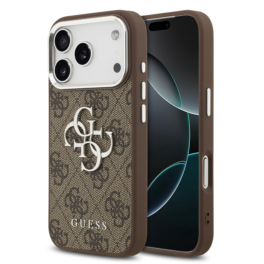 Apple iPhone 17 Pro Kılıf Guess Gümüş Metal Kamera Çerçeveli Büyük 4G ve Yazı Logolu Kapak Kahverengi