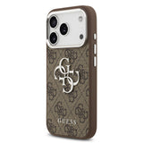 Apple iPhone 17 Pro Kılıf Guess Gümüş Metal Kamera Çerçeveli Büyük 4G ve Yazı Logolu Kapak Kahverengi