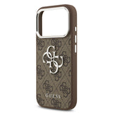 Apple iPhone 17 Pro Kılıf Guess Gümüş Metal Kamera Çerçeveli Büyük 4G ve Yazı Logolu Kapak Kahverengi