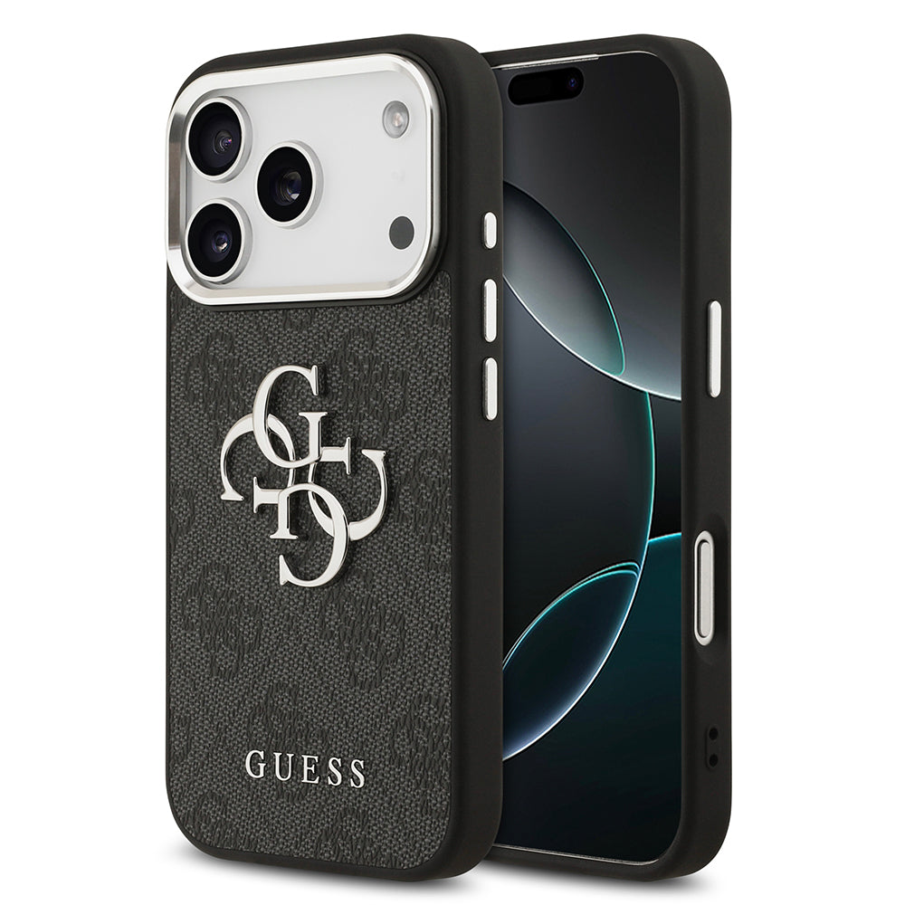 Apple iPhone 17 Pro Kılıf Guess Gümüş Metal Kamera Çerçeveli Büyük 4G ve Yazı Logolu Kapak Siyah