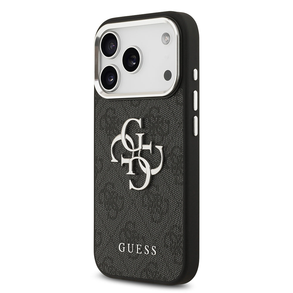 Apple iPhone 17 Pro Kılıf Guess Gümüş Metal Kamera Çerçeveli Büyük 4G ve Yazı Logolu Kapak Siyah