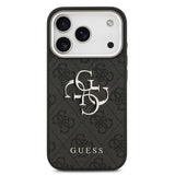 Apple iPhone 17 Pro Kılıf Guess Gümüş Metal Kamera Çerçeveli Büyük 4G ve Yazı Logolu Kapak Siyah