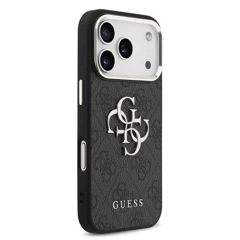 Apple iPhone 17 Pro Kılıf Guess Gümüş Metal Kamera Çerçeveli Büyük 4G ve Yazı Logolu Kapak Siyah