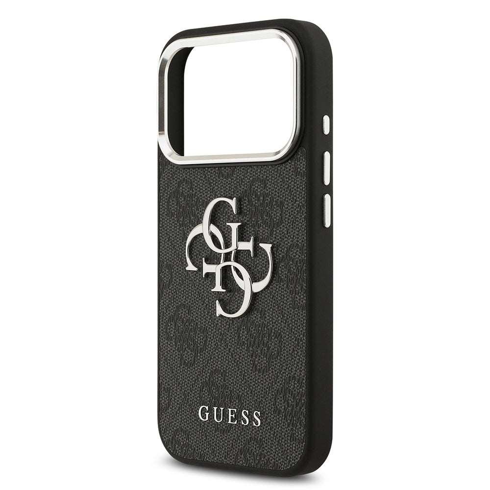 Apple iPhone 17 Pro Kılıf Guess Gümüş Metal Kamera Çerçeveli Büyük 4G ve Yazı Logolu Kapak Siyah