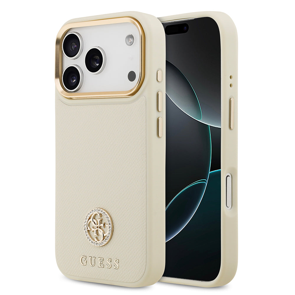 Apple iPhone 17 Pro Kılıf Guess M-safe Özellikli Grained Yazı ve Taşlı 4G Logolu Kapak Bej