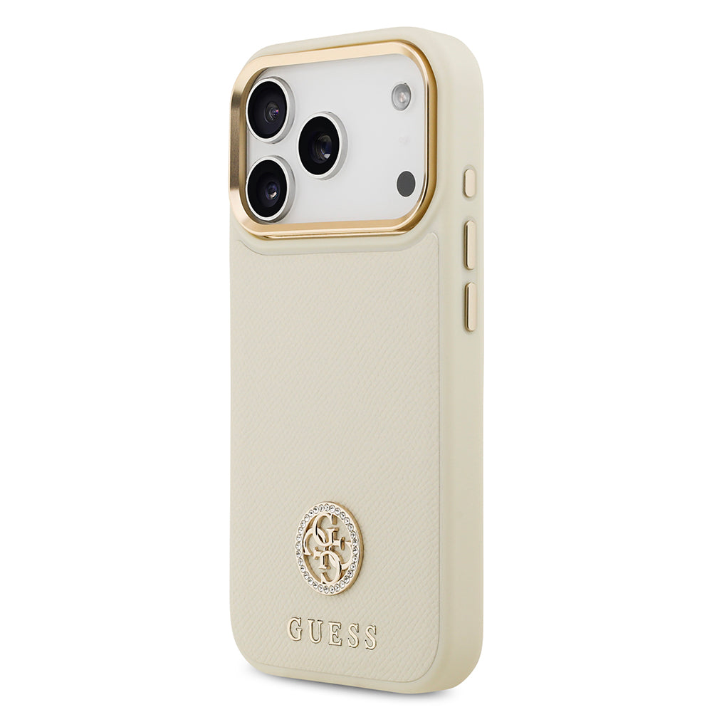 Apple iPhone 17 Pro Kılıf Guess M-safe Özellikli Grained Yazı ve Taşlı 4G Logolu Kapak Bej