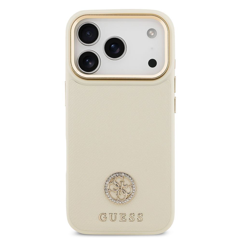 Apple iPhone 17 Pro Kılıf Guess M-safe Özellikli Grained Yazı ve Taşlı 4G Logolu Kapak Bej