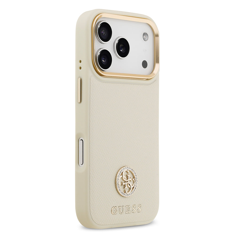 Apple iPhone 17 Pro Kılıf Guess M-safe Özellikli Grained Yazı ve Taşlı 4G Logolu Kapak Bej