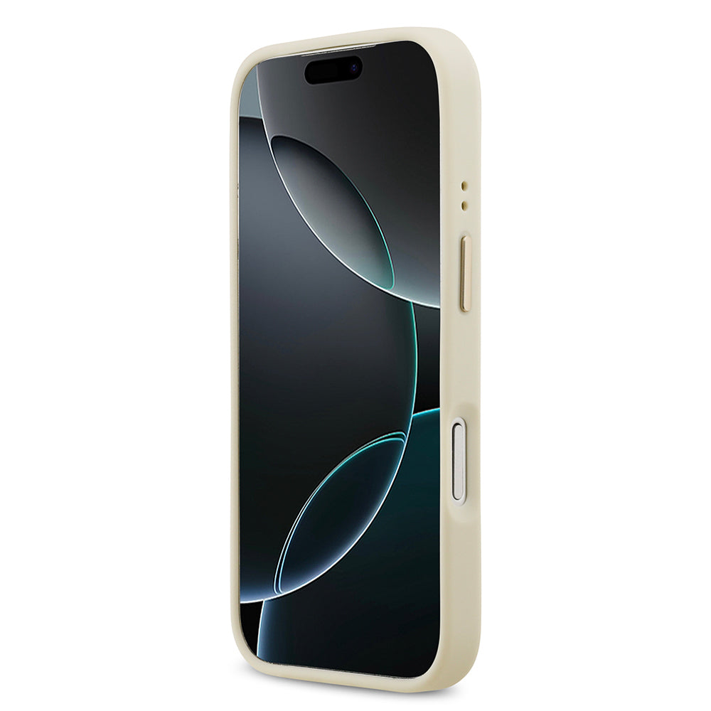Apple iPhone 17 Pro Kılıf Guess M-safe Özellikli Grained Yazı ve Taşlı 4G Logolu Kapak Bej